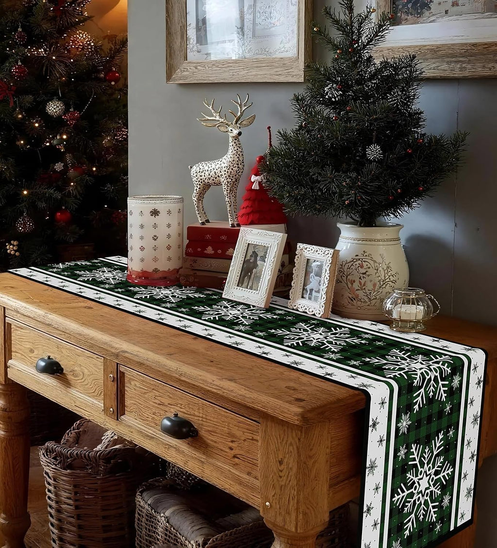 Christmas Table Runner Snowflakes Christmas Decorations with Red Buffalo
