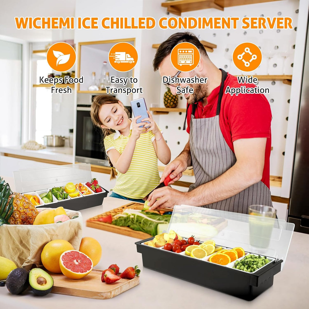 Ice Chilled Condiment Caddy with 5 Removable Trays and Lid, 2 Pack