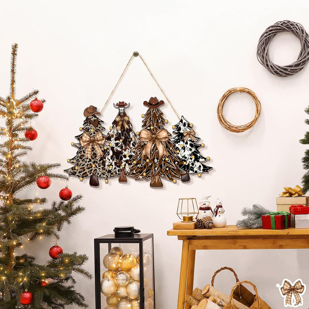Christmas Door Decorations Western Christmas Wreath for Front Door with Large Bows and Cowboy Hat Wooden Cowboy Xmas Tree Hanging Signs Xmas Sign Indoor for Home Outdoor Porch Window Wall Decor